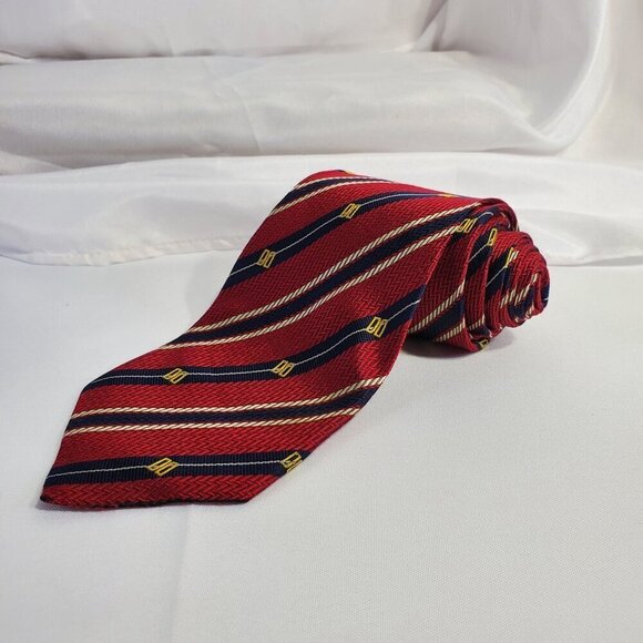 Daks London Red Striped Silk Mens Tie With Diagonal Patterns & "DO" Logo Necktie - Picture 2 of 6